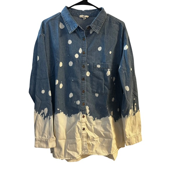 entro Tops - Entro Women's Bleach Splatter Dip Dye Denim Shirt Blue White Cotton Medium